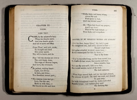 Miss Bartlett’s copy of Miscellaneous Writings, given to her by Mrs. Eddy, who had marked the fourth verse of her poem “Come Thou” for Julia’s comfort on the passing of her brother. Longyear Museum collection