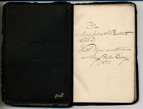 The copy of Miscellaneous Writings 1883-1896 inscribed by the author, Mary Baker Eddy, and given to her student Julia Bartlett. Longyear Museum collection
