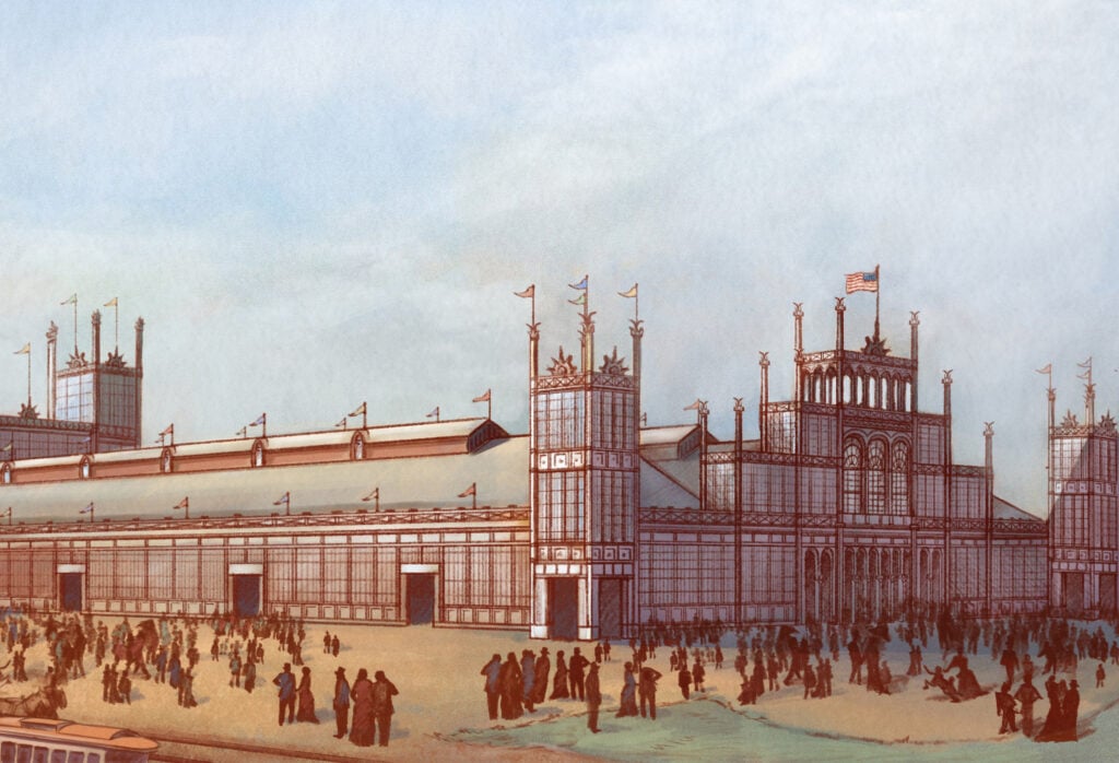 Illustration of the main building at the Centennial Exhibition, 1876, by Mackenzie Shivers
