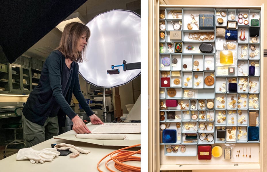 Heather Herrington photographs a period newspaper at Longyear Museum. And a vault drawer showcases a carefully tagged jewelry collection—from decorative hair combs to watches to cross-and-crown pins.