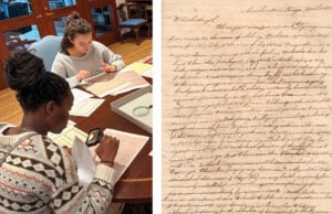 Students from Principia College examine facsimiles of the Baker letters in the Museum's visitor library.