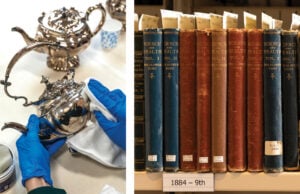 Polished silver from Longyear Museum with early editions of Science and Health with Key to the Scriptures by Mary Baker Eddy.
