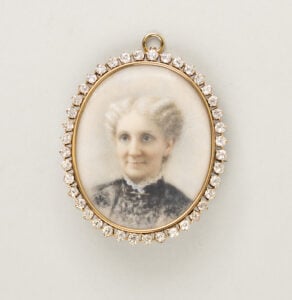 Diamond encrusted brooch of a painted miniature of Mary Baker Eddy