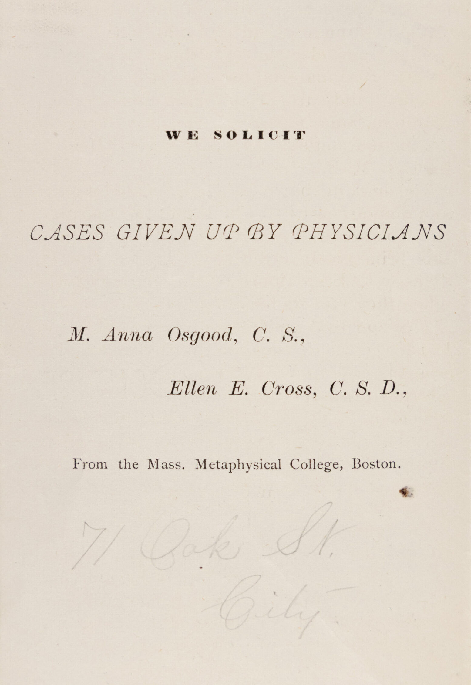 The page reads, "We solicit cases given up by physicians."