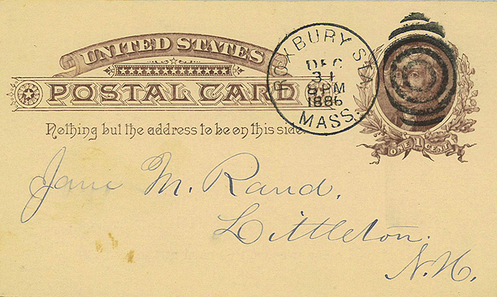 Slightly yellowed postmarked card addressed to Jane M. Rand, Littleton, New Hampshire.