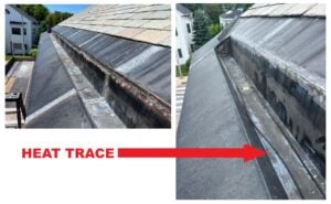Heat trace installation on integral copper gutter of Mary Baker Eddy historic house in Concord, New Hampshire
