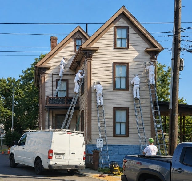 Painting crew on ladders at Mary Baker Eddy historic house, Lynn, Massachusetts